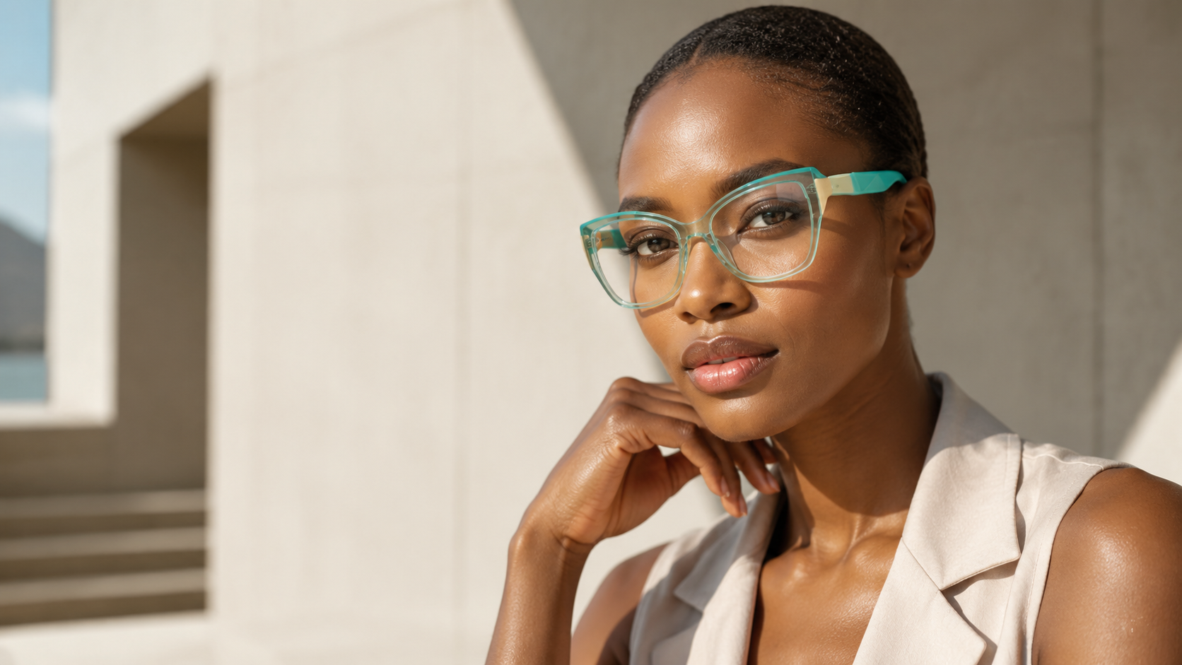 Model wearing a translucent aqua optical frame